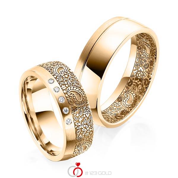 Paar klassische Trauringe/Eheringe in Roségold 585 Laser Struktur mit zus. 0,05 ct. Brillant tw, si von 123gold - Y-1385-4 Paar klassische Trauringe/Eheringe in Roségold 585 Laser Struktur mit zus. 0,05 ct. Brillant tw, si von 123gold - Y-1385-4
