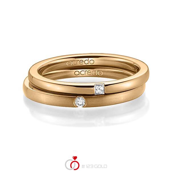 Paar klassische Trauringe/Eheringe in Roségold 585 mit zus. 0,055 ct. Prinzess-Diamant & Brillant tw, si von acredo - A-1393-7 Paar klassische Trauringe/Eheringe in Roségold 585 mit zus. 0,055 ct. Prinzess-Diamant & Brillant tw, si von acredo - A-1393-7