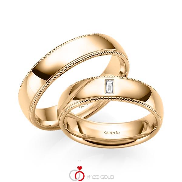 Paar klassische Trauringe/Eheringe in Roségold 585 mit zus. 0,05 ct. Baguette-Diamant tw, vs von acredo - S-1241-7 Paar klassische Trauringe/Eheringe in Roségold 585 mit zus. 0,05 ct. Baguette-Diamant tw, vs von acredo - S-1241-7