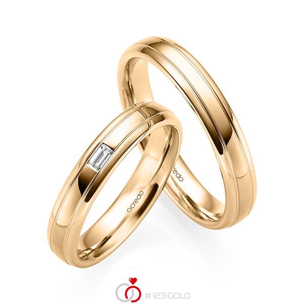 Paar klassische Trauringe/Eheringe in Roségold 585 mit zus. 0,06 ct. Baguette-Diamant tw, vs von acredo - S-1229-7 Paar klassische Trauringe/Eheringe in Roségold 585 mit zus. 0,06 ct. Baguette-Diamant tw, vs von acredo - S-1229-7