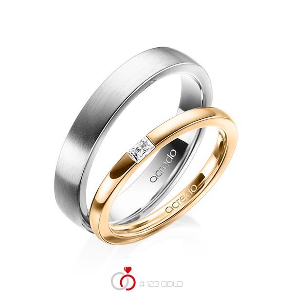 Paar klassische Trauringe/Eheringe in Roségold 585 mit zus. 0,07 ct. Baguette-Diamant tw, vs von acredo - A-1402-11 Paar klassische Trauringe/Eheringe in Roségold 585 mit zus. 0,07 ct. Baguette-Diamant tw, vs von acredo - A-1402-11