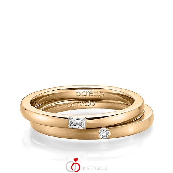 Paar klassische Trauringe/Eheringe in Roségold 585 mit zus. 0,095 ct. Baguette-Diamant & Brillant tw, vs tw, si von acredo - A-1394-8 Paar klassische Trauringe/Eheringe in Roségold 585 mit zus. 0,095 ct. Baguette-Diamant & Brillant tw, vs tw, si von acredo - A-1394-8