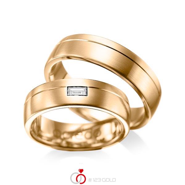 Paar klassische Trauringe/Eheringe in Roségold 585 mit zus. 0,15 ct. Baguette-Diamant tw, vs von acredo - A-1009-3 Paar klassische Trauringe/Eheringe in Roségold 585 mit zus. 0,15 ct. Baguette-Diamant tw, vs von acredo - A-1009-3