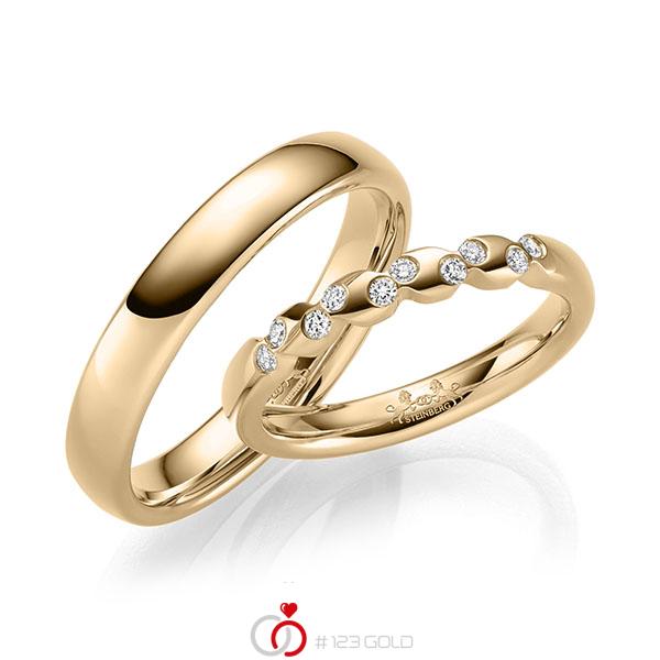 Paar klassische Trauringe/Eheringe in Roségold 585 mit zus. 0,15 ct. Brillant tw, si von Steinberg - Q-1678-2 Paar klassische Trauringe/Eheringe in Roségold 585 mit zus. 0,15 ct. Brillant tw, si von Steinberg - Q-1678-2