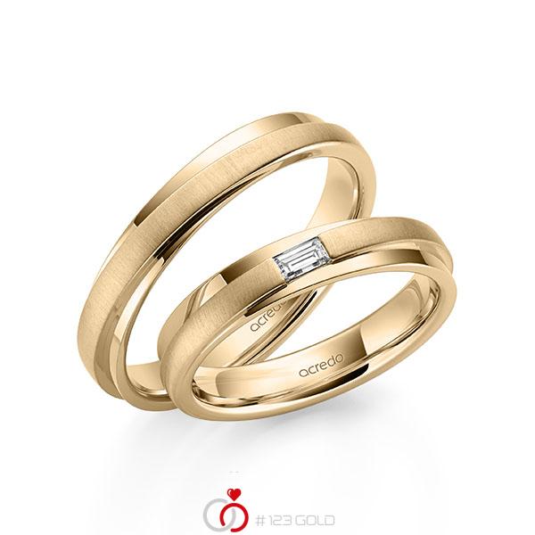 Paar klassische Trauringe/Eheringe in Roségold 585 mit zus. 0,1 ct. Baguette-Diamant tw, vs von acredo - A-2163-3 Paar klassische Trauringe/Eheringe in Roségold 585 mit zus. 0,1 ct. Baguette-Diamant tw, vs von acredo - A-2163-3