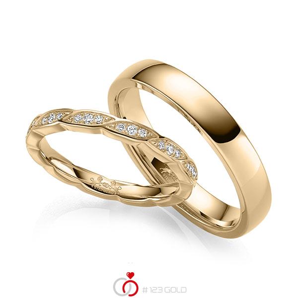Paar klassische Trauringe/Eheringe in Roségold 585 mit zus. 0,24 ct. Brillant tw, si von Steinberg - Q-1676-2 Paar klassische Trauringe/Eheringe in Roségold 585 mit zus. 0,24 ct. Brillant tw, si von Steinberg - Q-1676-2