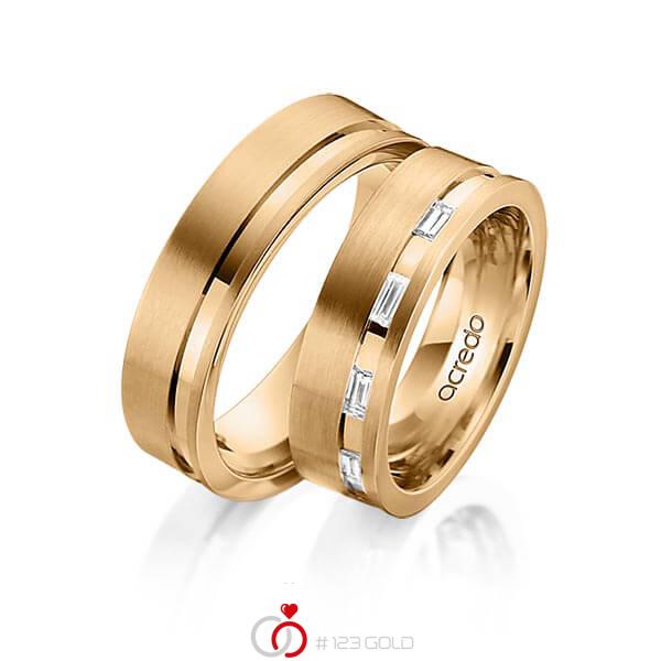 Paar klassische Trauringe/Eheringe in Roségold 585 mit zus. 0,25 ct. Baguette-Diamant tw, vs von acredo - A-1535-4 Paar klassische Trauringe/Eheringe in Roségold 585 mit zus. 0,25 ct. Baguette-Diamant tw, vs von acredo - A-1535-4