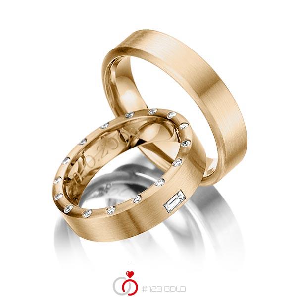 Paar klassische Trauringe/Eheringe in Roségold 585 mit zus. 0,26 ct. Brillant & Baguette-Diamant tw, si tw, vs von 123gold - Y-1113-5 Paar klassische Trauringe/Eheringe in Roségold 585 mit zus. 0,26 ct. Brillant & Baguette-Diamant tw, si tw, vs von 123gold - Y-1113-5