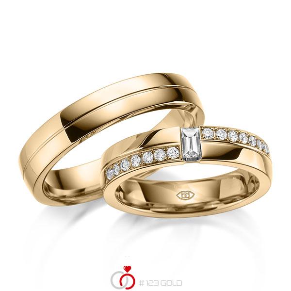 Paar klassische Trauringe/Eheringe in Roségold 585 mit zus. 0,33 ct. Baguette-Diamant & Brillant r, if von 123gold - Y-1446-2 Paar klassische Trauringe/Eheringe in Roségold 585 mit zus. 0,33 ct. Baguette-Diamant & Brillant r, if von 123gold - Y-1446-2