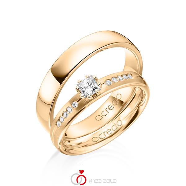 Paar klassische Trauringe/Eheringe in Roségold 585 mit zus. 0,33 ct. Prinzess-Diamant & Brillant tw, si von acredo - A-1367-3 Paar klassische Trauringe/Eheringe in Roségold 585 mit zus. 0,33 ct. Prinzess-Diamant & Brillant tw, si von acredo - A-1367-3