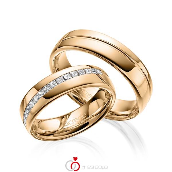 Paar klassische Trauringe/Eheringe in Roségold 585 mit zus. 0,48 ct. Prinzess-Diamant tw, vs von acredo - A-1627-5 Paar klassische Trauringe/Eheringe in Roségold 585 mit zus. 0,48 ct. Prinzess-Diamant tw, vs von acredo - A-1627-5