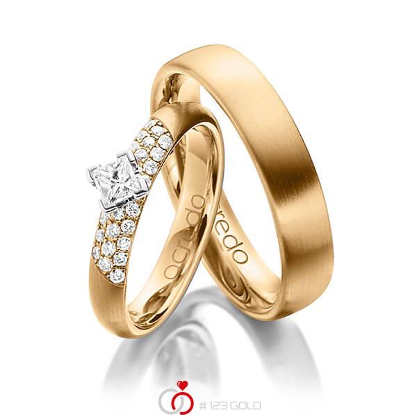 Paar klassische Trauringe/Eheringe in Roségold 585 mit zus. 0,52 ct. Brillant & Prinzess-Diamant tw, si von acredo - A-1385-1 Paar klassische Trauringe/Eheringe in Roségold 585 mit zus. 0,52 ct. Brillant & Prinzess-Diamant tw, si von acredo - A-1385-1