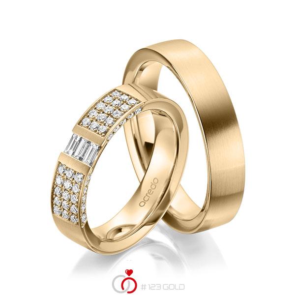 Paar klassische Trauringe/Eheringe in Roségold 585 mit zus. 0,61 ct. Brillant & Baguette-Diamant tw, si tw, vs von acredo - A-1969-4 Paar klassische Trauringe/Eheringe in Roségold 585 mit zus. 0,61 ct. Brillant & Baguette-Diamant tw, si tw, vs von acredo - A-1969-4