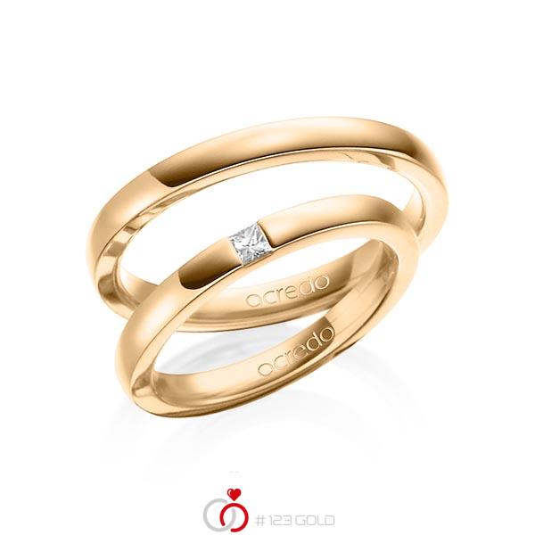 Paar klassische Trauringe/Eheringe in Roségold 750 mit zus. 0,07 ct. Prinzess-Diamant tw, si von acredo - A-1460-3 Paar klassische Trauringe/Eheringe in Roségold 750 mit zus. 0,07 ct. Prinzess-Diamant tw, si von acredo - A-1460-3