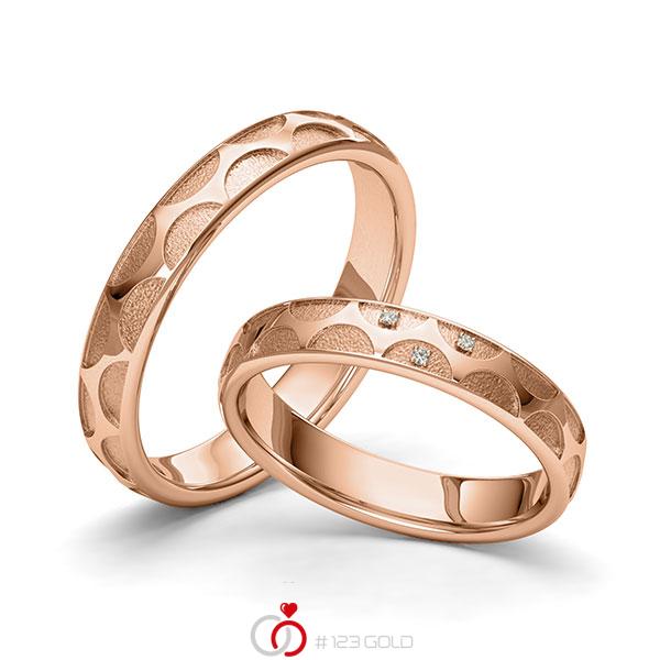 Paar klassische Trauringe/Eheringe in Rotgold 585 Laser Struktur mit zus. 0,015 ct. Brillant tw, si von 123gold - Y-1401-4 Paar klassische Trauringe/Eheringe in Rotgold 585 Laser Struktur mit zus. 0,015 ct. Brillant tw, si von 123gold - Y-1401-4
