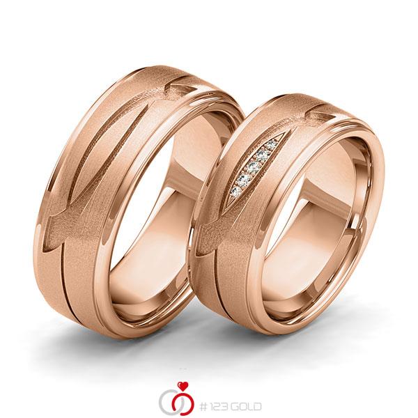 Paar klassische Trauringe/Eheringe in Rotgold 585 Laser Struktur mit zus. 0,04 ct. Brillant tw, si von 123gold - Y-1402-5 Paar klassische Trauringe/Eheringe in Rotgold 585 Laser Struktur mit zus. 0,04 ct. Brillant tw, si von 123gold - Y-1402-5