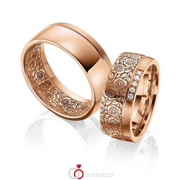 Paar klassische Trauringe/Eheringe in Rotgold 585 Laser Struktur mit zus. 0,05 ct. Brillant tw, si von 123gold - Y-1384-5 Paar klassische Trauringe/Eheringe in Rotgold 585 Laser Struktur mit zus. 0,05 ct. Brillant tw, si von 123gold - Y-1384-5