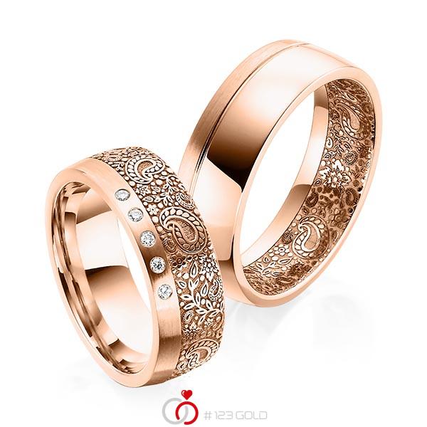 Paar klassische Trauringe/Eheringe in Rotgold 585 Laser Struktur mit zus. 0,05 ct. Brillant tw, si von 123gold - Y-1385-3 Paar klassische Trauringe/Eheringe in Rotgold 585 Laser Struktur mit zus. 0,05 ct. Brillant tw, si von 123gold - Y-1385-3