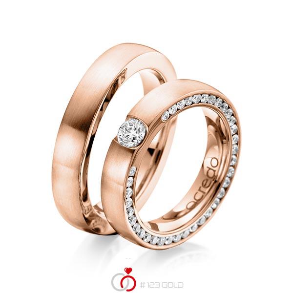 Paar klassische Trauringe/Eheringe in Rotgold 585 mit 0,3 ct. + zus. 1,08 ct. Brillant tw, si von acredo - A-1107-5 Paar klassische Trauringe/Eheringe in Rotgold 585 mit 0,3 ct. + zus. 1,08 ct. Brillant tw, si von acredo - A-1107-5