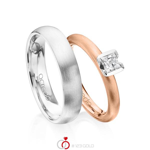 Paar klassische Trauringe/Eheringe in Rotgold 585 mit 0,4 ct. Prinzess-Diamant tw, vs von acredo - A-1372-1 Paar klassische Trauringe/Eheringe in Rotgold 585 mit 0,4 ct. Prinzess-Diamant tw, vs von acredo - A-1372-1
