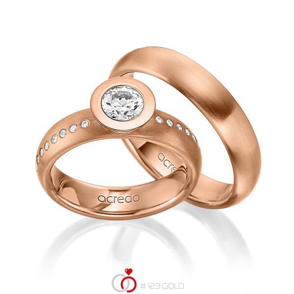 Paar klassische Trauringe/Eheringe in Rotgold 585 mit 0,4 ct. + zus. 0,175 ct. Brillant tw, si tw, vs von acredo - A-1538-5 Paar klassische Trauringe/Eheringe in Rotgold 585 mit 0,4 ct. + zus. 0,175 ct. Brillant tw, si tw, vs von acredo - A-1538-5