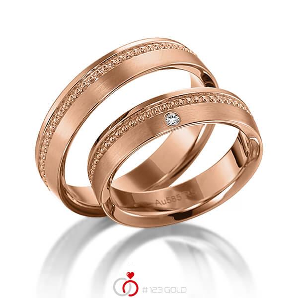 Paar klassische Trauringe/Eheringe in Rotgold 585 mit zus. 0,02 ct. Brillant tw, si von acredo - S-1137-4 Paar klassische Trauringe/Eheringe in Rotgold 585 mit zus. 0,02 ct. Brillant tw, si von acredo - S-1137-4