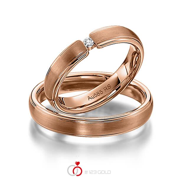 Paar klassische Trauringe/Eheringe in Rotgold 585 mit zus. 0,04 ct. Brillant tw, si von acredo - S-1133-3 Paar klassische Trauringe/Eheringe in Rotgold 585 mit zus. 0,04 ct. Brillant tw, si von acredo - S-1133-3