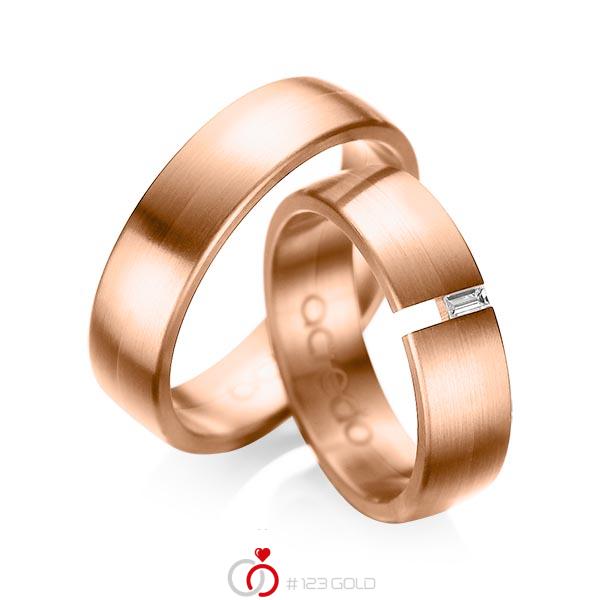 Paar klassische Trauringe/Eheringe in Rotgold 585 mit zus. 0,05 ct. Baguette-Diamant tw, vs von acredo - A-1035-8 Paar klassische Trauringe/Eheringe in Rotgold 585 mit zus. 0,05 ct. Baguette-Diamant tw, vs von acredo - A-1035-8