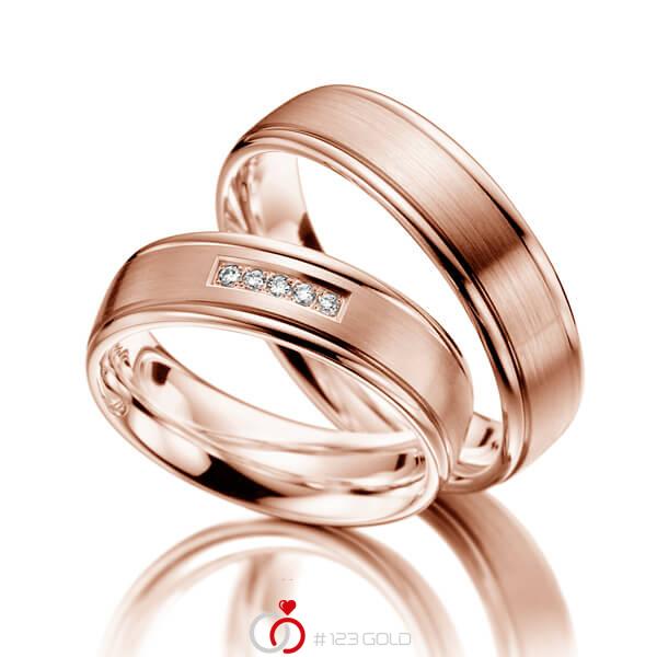 Paar klassische Trauringe/Eheringe in Rotgold 585 mit zus. 0,05 ct. Brillant tw, si - NP-1130-4 Paar klassische Trauringe/Eheringe in Rotgold 585 mit zus. 0,05 ct. Brillant tw, si - NP-1130-4