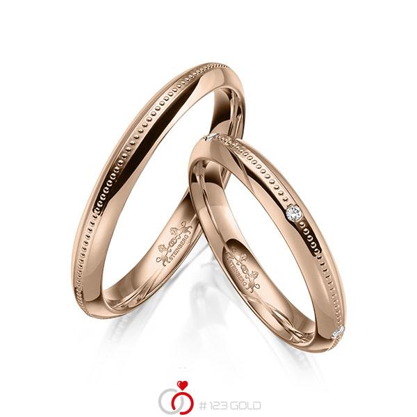 Paar klassische Trauringe/Eheringe in Rotgold 585 mit zus. 0,05 ct. Brillant tw, si von Steinberg - Q-1658-3 Paar klassische Trauringe/Eheringe in Rotgold 585 mit zus. 0,05 ct. Brillant tw, si von Steinberg - Q-1658-3