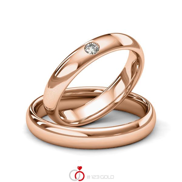 Paar klassische Trauringe/Eheringe in Rotgold 585 mit zus. 0,06 ct. Brillant tw, si von Merii - M-1212-4 Paar klassische Trauringe/Eheringe in Rotgold 585 mit zus. 0,06 ct. Brillant tw, si von Merii - M-1212-4