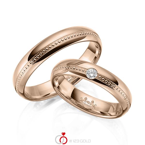 Paar klassische Trauringe/Eheringe in Rotgold 585 mit zus. 0,06 ct. Brillant tw, si von Steinberg - Q-1649-7 Paar klassische Trauringe/Eheringe in Rotgold 585 mit zus. 0,06 ct. Brillant tw, si von Steinberg - Q-1649-7