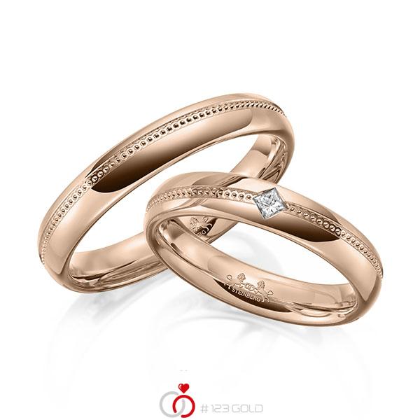 Paar klassische Trauringe/Eheringe in Rotgold 585 mit zus. 0,06 ct. Prinzess-Diamant tw, si von Steinberg - Q-1655-3 Paar klassische Trauringe/Eheringe in Rotgold 585 mit zus. 0,06 ct. Prinzess-Diamant tw, si von Steinberg - Q-1655-3