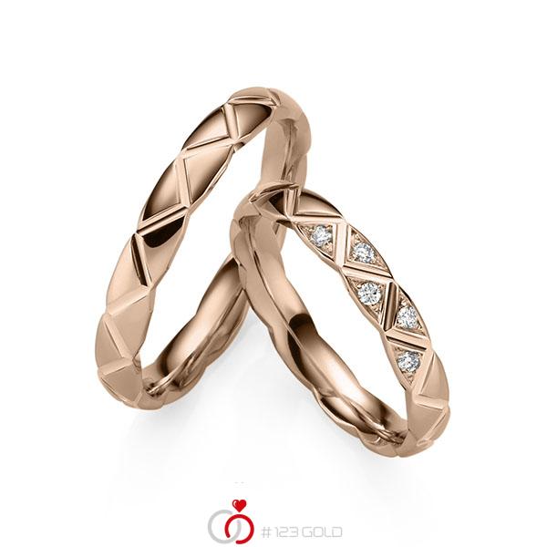 Paar klassische Trauringe/Eheringe in Rotgold 585 mit zus. 0,075 ct. Brillant tw, si von 123gold - Y-1432-4 Paar klassische Trauringe/Eheringe in Rotgold 585 mit zus. 0,075 ct. Brillant tw, si von 123gold - Y-1432-4