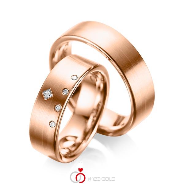 Paar klassische Trauringe/Eheringe in Rotgold 585 mit zus. 0,07 ct. Brillant & Prinzess-Diamant tw, si tw, vs von acredo - A-1038-5 Paar klassische Trauringe/Eheringe in Rotgold 585 mit zus. 0,07 ct. Brillant & Prinzess-Diamant tw, si tw, vs von acredo - A-1038-5