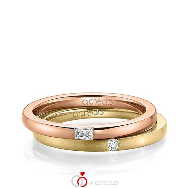 Paar klassische Trauringe/Eheringe in Rotgold 585 mit zus. 0,095 ct. Baguette-Diamant & Brillant tw, vs tw, si von acredo - A-1394-1 Paar klassische Trauringe/Eheringe in Rotgold 585 mit zus. 0,095 ct. Baguette-Diamant & Brillant tw, vs tw, si von acredo - A-1394-1