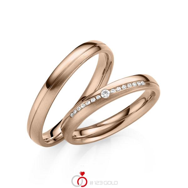 Paar klassische Trauringe/Eheringe in Rotgold 585 mit zus. 0,095 ct. Brillant tw, vs von 123gold - Y-1418-3 Paar klassische Trauringe/Eheringe in Rotgold 585 mit zus. 0,095 ct. Brillant tw, vs von 123gold - Y-1418-3
