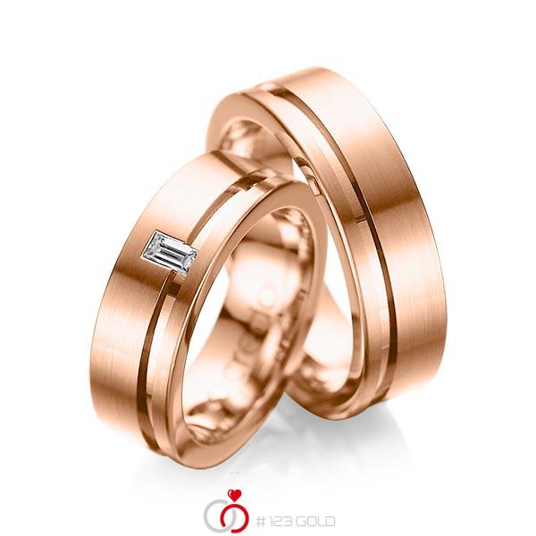 Paar klassische Trauringe/Eheringe in Rotgold 585 mit zus. 0,12 ct. Baguette-Diamant tw, vs von acredo - A-1017-6 Paar klassische Trauringe/Eheringe in Rotgold 585 mit zus. 0,12 ct. Baguette-Diamant tw, vs von acredo - A-1017-6