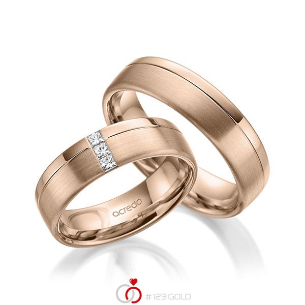 Paar klassische Trauringe/Eheringe in Rotgold 585 mit zus. 0,12 ct. Prinzess-Diamant tw, si von acredo - A-1963-5 Paar klassische Trauringe/Eheringe in Rotgold 585 mit zus. 0,12 ct. Prinzess-Diamant tw, si von acredo - A-1963-5