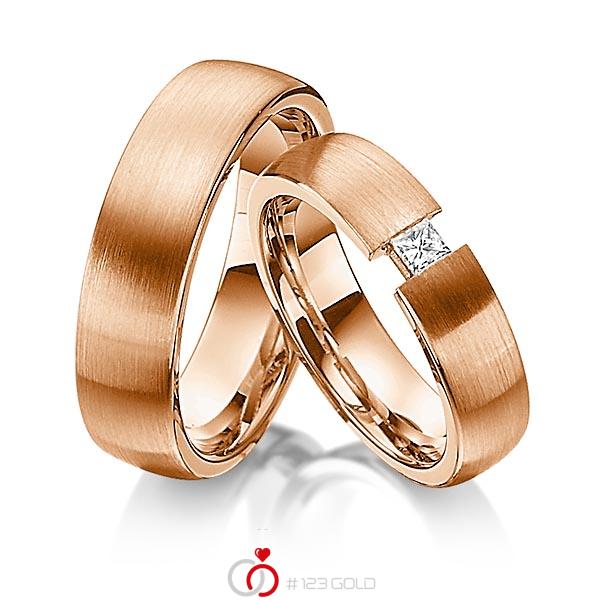 Paar klassische Trauringe/Eheringe in Rotgold 585 mit zus. 0,12 ct. Prinzess-Diamant tw, si von Steinberg - Q-1189-4 Paar klassische Trauringe/Eheringe in Rotgold 585 mit zus. 0,12 ct. Prinzess-Diamant tw, si von Steinberg - Q-1189-4
