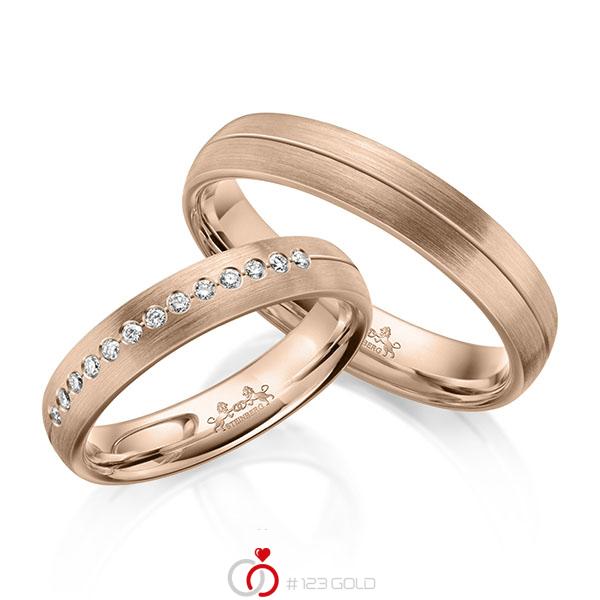 Paar klassische Trauringe/Eheringe in Rotgold 585 mit zus. 0,13 ct. Brillant tw, si von Steinberg - Q-1630-3 Paar klassische Trauringe/Eheringe in Rotgold 585 mit zus. 0,13 ct. Brillant tw, si von Steinberg - Q-1630-3