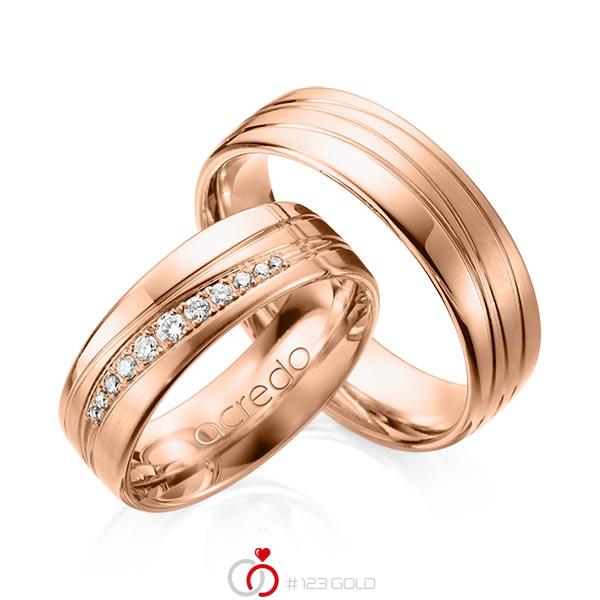 Paar klassische Trauringe/Eheringe in Rotgold 585 mit zus. 0,146 ct. Brillant tw, si von acredo - A-1164-5 Paar klassische Trauringe/Eheringe in Rotgold 585 mit zus. 0,146 ct. Brillant tw, si von acredo - A-1164-5