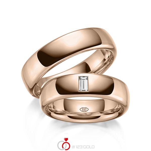 Paar klassische Trauringe/Eheringe in Rotgold 585 mit zus. 0,15 ct. Baguette-Diamant tw, vs von 123gold - Y-1444-7 Paar klassische Trauringe/Eheringe in Rotgold 585 mit zus. 0,15 ct. Baguette-Diamant tw, vs von 123gold - Y-1444-7