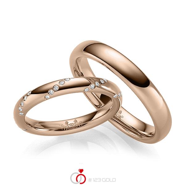 Paar klassische Trauringe/Eheringe in Rotgold 585 mit zus. 0,15 ct. Brillant tw, si von Steinberg - Q-1672-2 Paar klassische Trauringe/Eheringe in Rotgold 585 mit zus. 0,15 ct. Brillant tw, si von Steinberg - Q-1672-2
