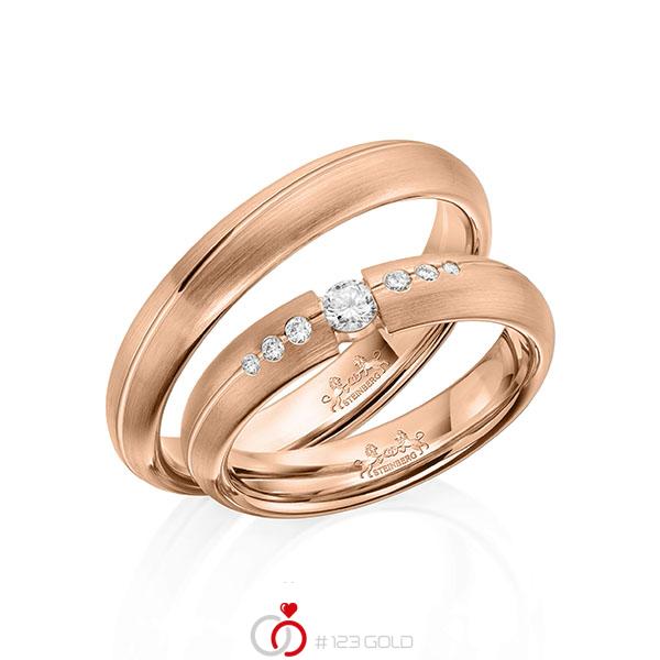 Paar klassische Trauringe/Eheringe in Rotgold 585 mit zus. 0,16 ct. Brillant tw, si von Steinberg - Q-1609-7 Paar klassische Trauringe/Eheringe in Rotgold 585 mit zus. 0,16 ct. Brillant tw, si von Steinberg - Q-1609-7
