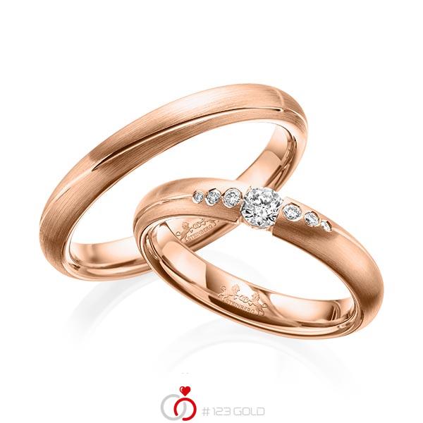 Paar klassische Trauringe/Eheringe in Rotgold 585 mit zus. 0,18 ct. Brillant tw, si von Steinberg - Q-1576-5 Paar klassische Trauringe/Eheringe in Rotgold 585 mit zus. 0,18 ct. Brillant tw, si von Steinberg - Q-1576-5