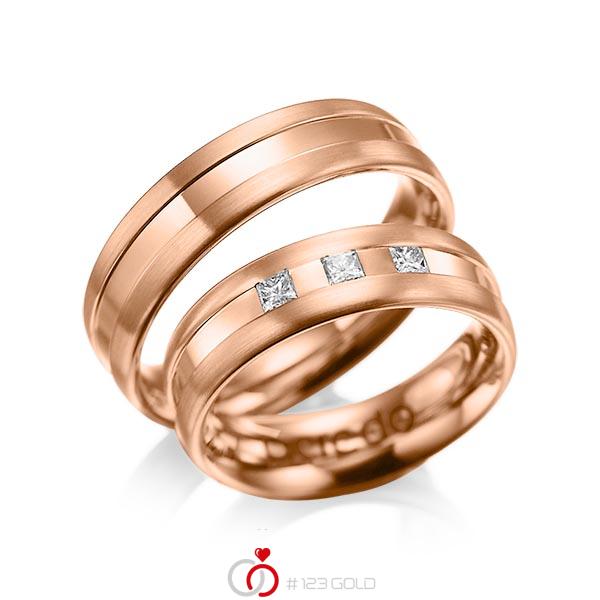 Paar klassische Trauringe/Eheringe in Rotgold 585 mit zus. 0,18 ct. Prinzess-Diamant tw, si von acredo - A-1021-7 Paar klassische Trauringe/Eheringe in Rotgold 585 mit zus. 0,18 ct. Prinzess-Diamant tw, si von acredo - A-1021-7
