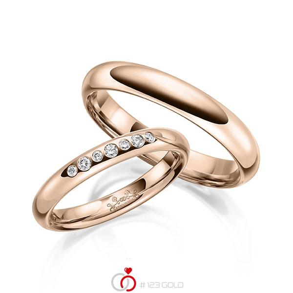 Paar klassische Trauringe/Eheringe in Rotgold 585 mit zus. 0,1 ct. Brillant tw, si von Steinberg - Q-1634-3 Paar klassische Trauringe/Eheringe in Rotgold 585 mit zus. 0,1 ct. Brillant tw, si von Steinberg - Q-1634-3