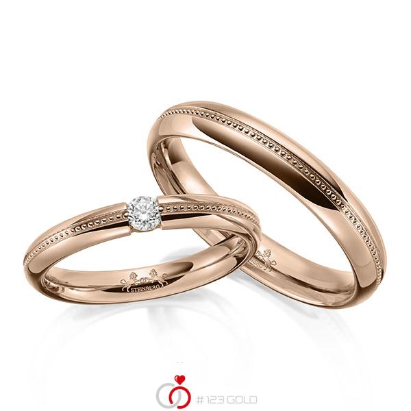 Paar klassische Trauringe/Eheringe in Rotgold 585 mit zus. 0,1 ct. Brillant tw, si von Steinberg - Q-1644-7 Paar klassische Trauringe/Eheringe in Rotgold 585 mit zus. 0,1 ct. Brillant tw, si von Steinberg - Q-1644-7