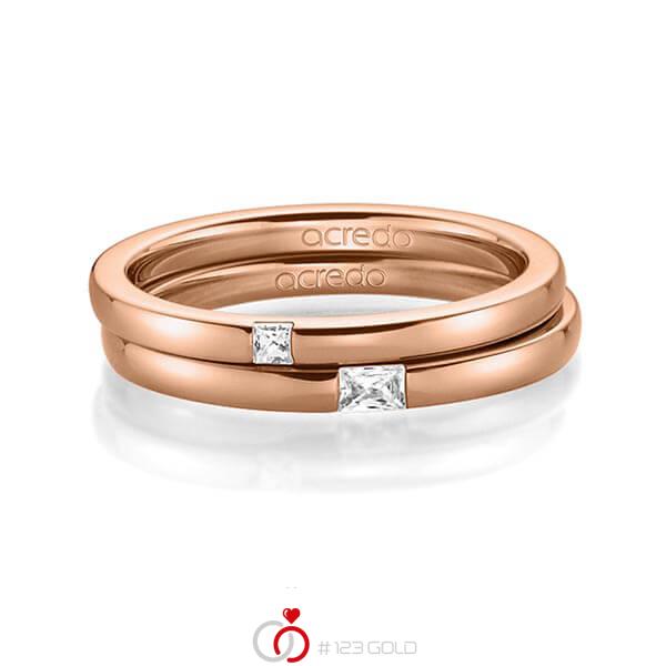 Paar klassische Trauringe/Eheringe in Rotgold 585 mit zus. 0,1 ct. Prinzess-Diamant & Baguette-Diamant tw, si tw, vs von acredo - A-1395-5 Paar klassische Trauringe/Eheringe in Rotgold 585 mit zus. 0,1 ct. Prinzess-Diamant & Baguette-Diamant tw, si tw, vs von acredo - A-1395-5